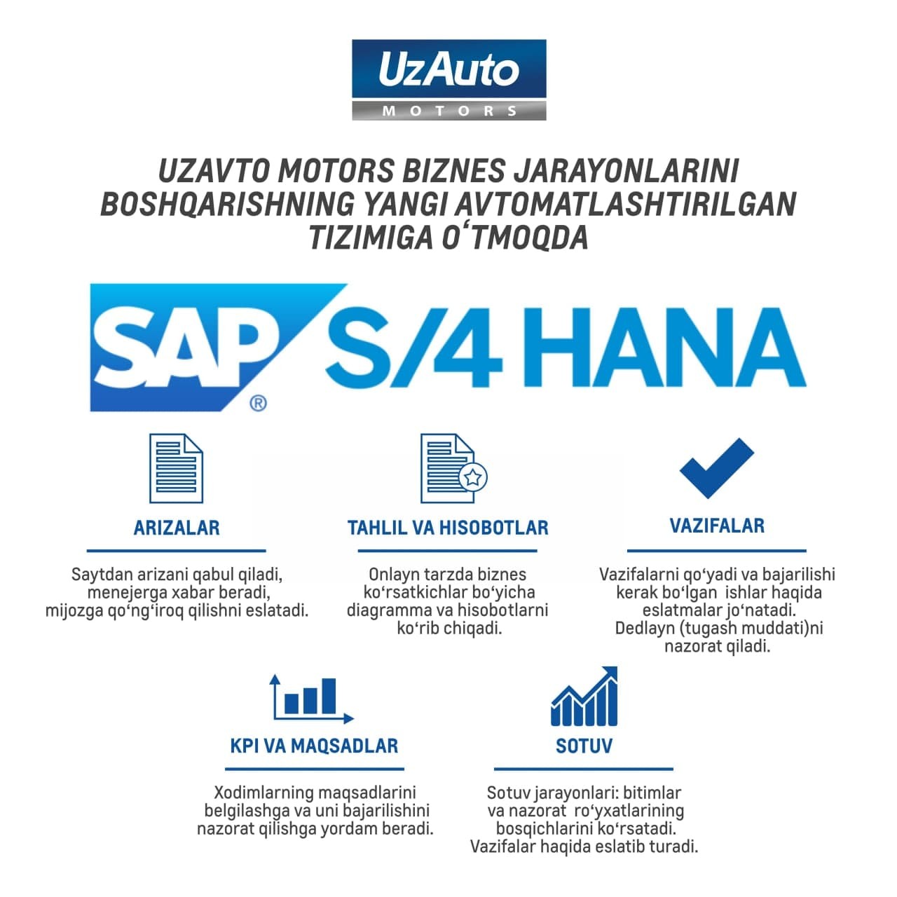 UZAUTO MOTORS ПЕРЕХОДИТ НА НОВУЮ АВТОМАТИЗИРОВАННУЮ СИСТЕМУ УПРАВЛЕНИЯ БИЗНЕС-ПРОЦЕССАМИ